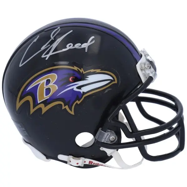 Casco Mini Riddell con Logo Combinado del Super Bowl XLVII Autografiado por Ed Reed de los Baltimore Ravens
